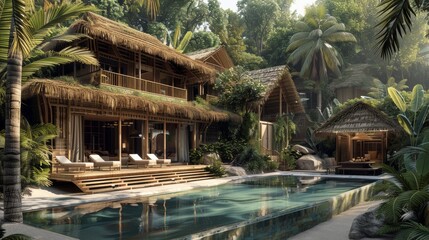 Obraz premium A wooden cabin with mud walls and sloping roofs with palm leaf thatching in the jungle, with terraces and a pool on a sunny day. Generative AI.