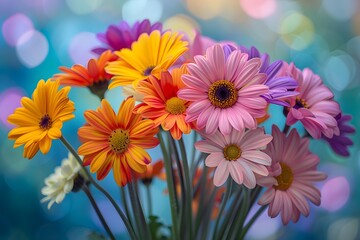 Colorful flowers in vase on blue backdrop