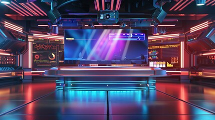 Futuristic television news broadcast studio with big screen and table. The view is futuristic and modern.