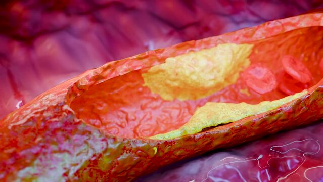 Cholesterrol or Atherosclerotic Plaque in blood vessels, Blocked vessel stroke, Thickened Arteries and Veins, Coronary, fat buildup clogging, Atherosclerosis or atheromatous Hyperlipidemia, 3d render