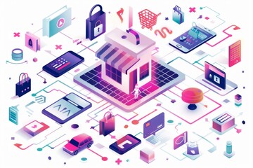 Fototapeta premium Bright vector illustration of a digital marketplace