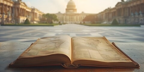 Open Bible Book against Capitol Building in Washington DC Educational Materials Linking Historical Landmarks to Curriculum