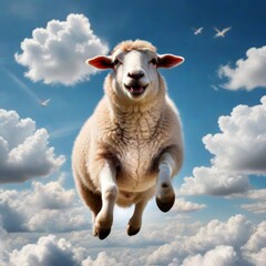 there is a sheep that is flying through the air