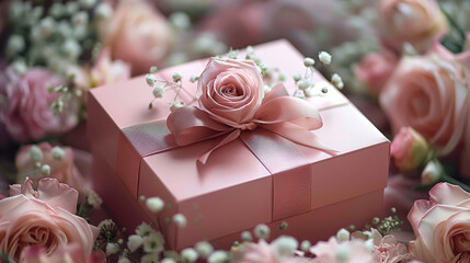 Elegant pink gift box with ribbon, surrounded by delicate roses and soft pastel colors, creating an atmosphere of romance and luxury for Valentine's Day. Generative AI.