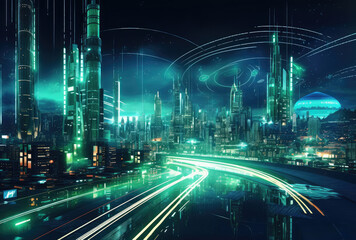 Naklejka premium Futuristic Metropolis with Neon Glow at Night
