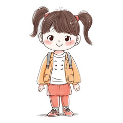 A cartoon girl with a backpack and pink pants