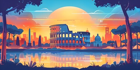 Captivating Sunset Cityscape of Ancient Colosseum and Landmarks in Rome Italy