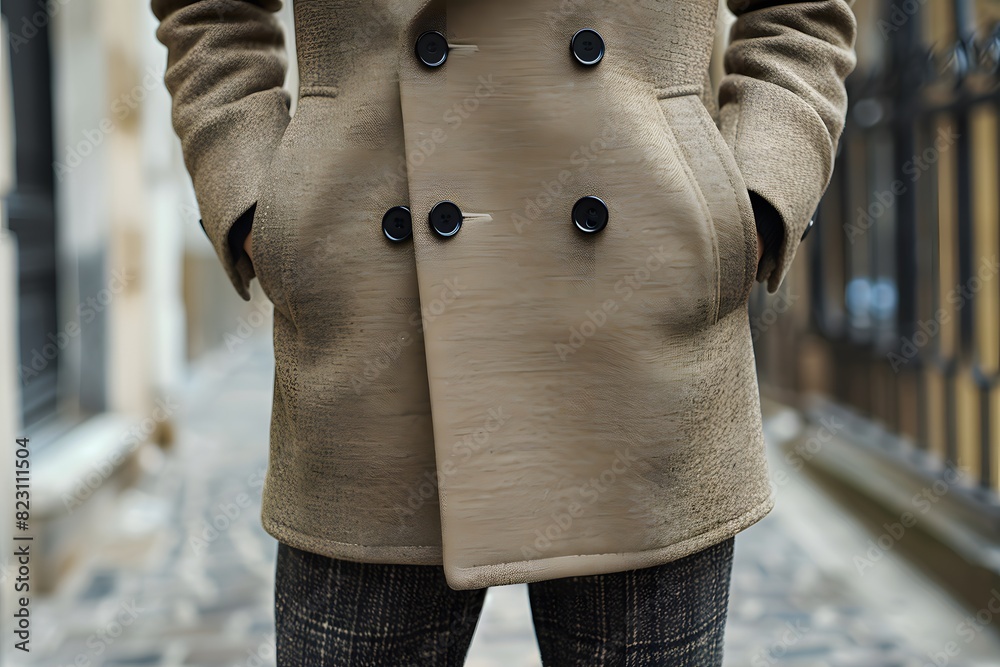 Wall mural coat with buttons and black belt on woman's shoulders