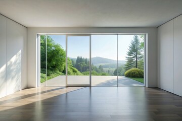 Minimal style modern white empty room with open sliding door to terrace 3d render overlooking nature view background