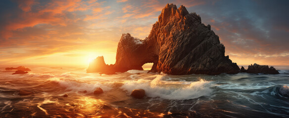 Serene Ocean Sunset at Rocky Shoreline - Powered by Adobe