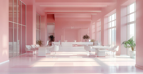 Pastel pink minimal modern open co-working space interior with meeting light beige desks in a center of co-working space and 6 chairs, white floor, windows, panoramic view. Generative AI.