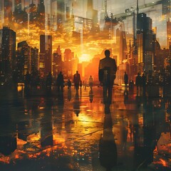 Double Exposure of City Skyline and People at Sunset