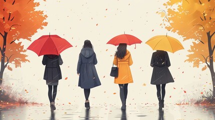 Girls friends walking together on rainy day. Happy women going on autumn city street, talking under umbrellas, rain weather, downpour. People in fall season, raindrops. Flat vector illustration
