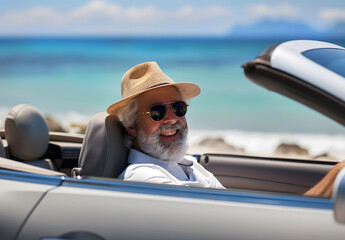 
Stylish senior man in sunglasses driving a cabriolet car and smiling while sitting inside on a sea background