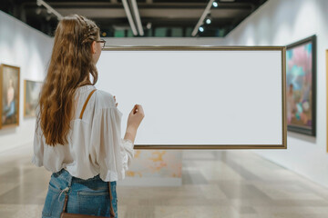 Woman showcasing a wide, banner-like blank digital frame in an art gallery setting.