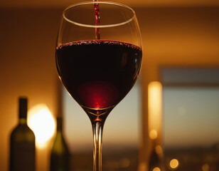 Un calice di vino rosso, decorato con un fiore di campo sul bordo.
