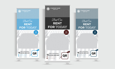 Modern and futuristic car advertisement roll up banner vector design template.  