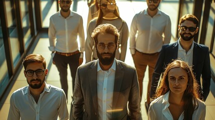 Fototapeta premium Portrait of successful group of business people at modern office looking at camera, Group of entrepreneurs, multicultural business team, aerial view. Generative AI.