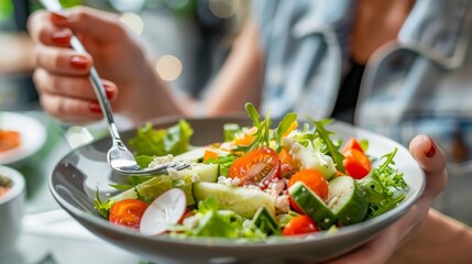 Customer eating healthy food from a bowl of vegetable salad in a restaurant.