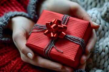 Person holding a crimson present tied with scarlet ribbon and bow
