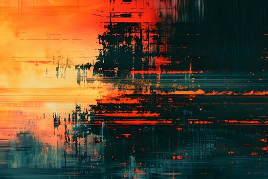 A close up of a painting of a sunset with a red sky