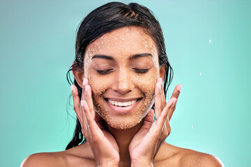 Woman washing face, hands and water drops for skincare, hygiene and beauty or dermatology in...