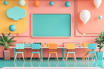 A classroom with a blackboard, balloons, and colorful student desks and chairs.