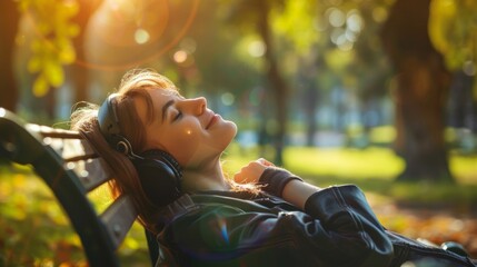 Taking a break from the day on a bench in a park with music, a joyful young woman enjoys a peaceful moment. - Powered by Adobe