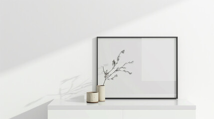 Minimalist vase and picture frame on a white shelf.
