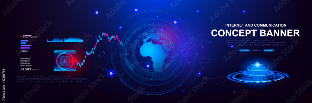 Wall mural internet and communications. concept banner with hud elements. futuristic background with holographi