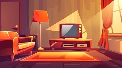 An illustration of a cartoon living room. The sofa faces a TV set, vinyl player, and furniture is lit by the light from the window. Light shines through the window onto the furniture and carpet of