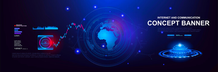 Internet and communications. Concept banner with HUD elements. Futuristic background with holographic earth map. Internet 3.0 Electronics and digital programming. Internet technologies and communicati