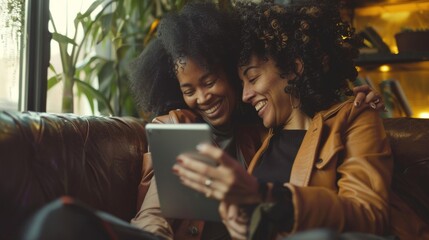 Diverse homosexual lesbian couple using a digital tablet together.
