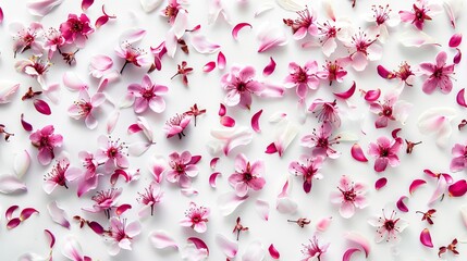 White background with a beautiful spring tree blossom and petal flat lay