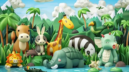 Three-dimensional modern panorama. Colorful creatures in 3D. Quokka, shark, turtle, parrot, zebra, rabbit, elephant, stork, crocodile, kangaroo, panda. High-quality 50MB EPS files.