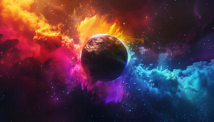 Planet exploding in colorful holi powder