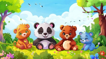 kindergartners, drawings, pandas, happy, happy, children's day, fun, paradise, forest, fairy tales, hand in hand, parties, zoos, animals, children, cartoons, cute, bears, toys, cartoons, playtime.