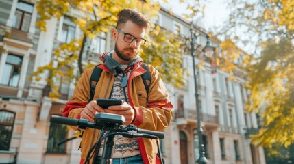 A hipster guy is using a mobile application on his smartphone to rent an electric scooter, driving in the city, the town. This is an ecological environmentally friendly green mode of transportation
