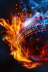 A close-up of a cricket ball engulfed in vibrant flames against a stark black background, capturing the intense motion and heat