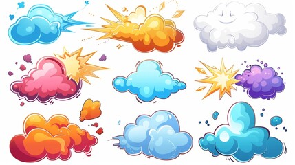 Imaginary comic sign clouds with boom-bangs, wows, and cool dialogue bubbles. Set of cartoon modern icons with expressions in a burst of clouds.