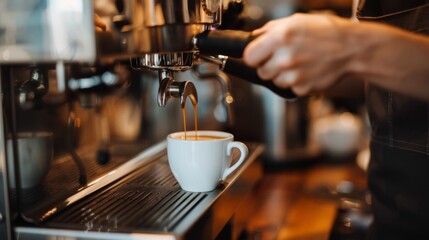 In the courtyard of a cozy café, a skilled barista prepares fresh coffee in an espresso machine.