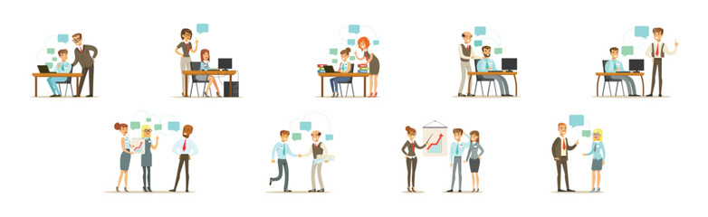 People Team Office Worker Character Communicate at Work Vector Set