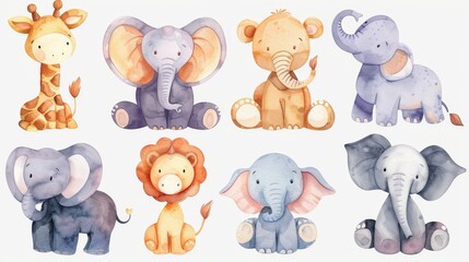 Elephants, tropical animals, watercolor set on isolated background. For children's cards and invitations.