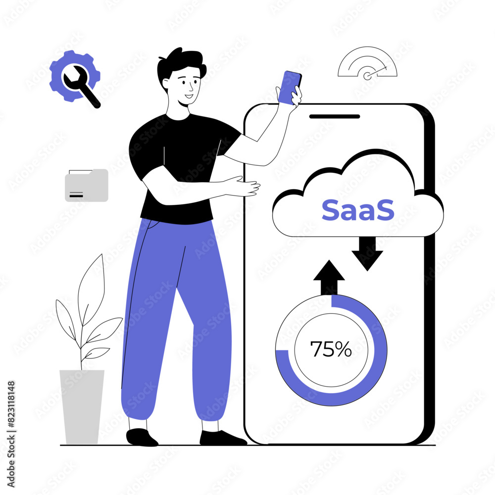 Wall mural saas concept, software as a service. cloud computing and storage, online subscription to programs. v