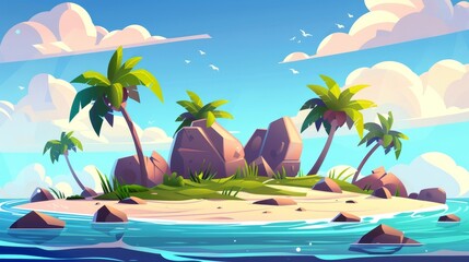 Island in the ocean with sand, palm trees, rocks and sea water surrounded by cloudy clouds. Tropical landscape with sand but no people Cartoon modern illustration.