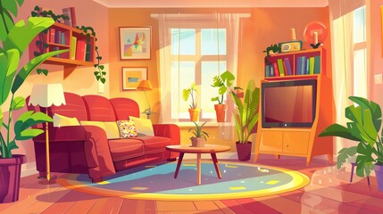 This illustration shows a spring interior of a living room with sofa, armchair, bookshelves and a television. Lily is on the coffee table, a carpet is on the floor, there is a floor lamp, and there
