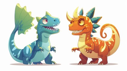 The styracosaurus and carnotaurus dinosaurs are smiling and standing in front of one another. Each dinosaur is on a separate layer in the modern clip art illustration.