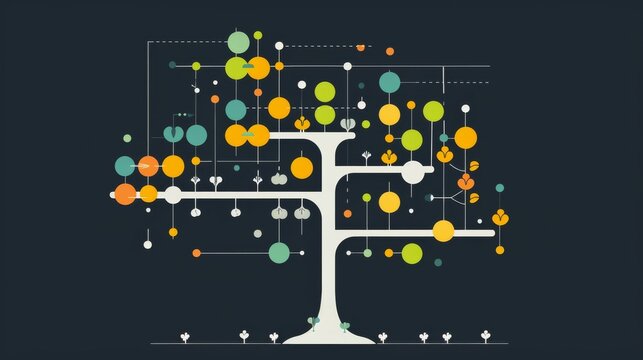 Artistic representation of a tree diagram with colorful circles on a dark background, ideal for concepts of growth, connectivity, and structure in business and science.
