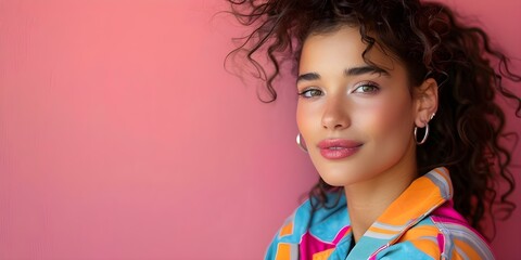 Joyful young woman in trendy 80s attire exudes confidence as a model on pink backdrop. Concept Fashion, Confidence, 80s Style, Photoshoot, Pink Backdrop