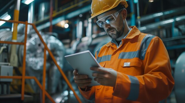 Mechanician engineer in safety equipment inspect the machine from tablet report in the factory